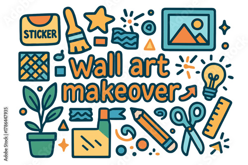 Creative Wall Makeover. Wall art makeover. Hand-drawn doodle illustration of wall art makeover. Sticker, wall,