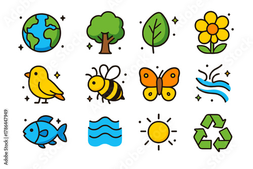 Ecological Icons Grid. ecological balance. Colorful isometric vector icons set of ecological balance: earth, tree, leaf, flower, bird, bee, butterfly, fish,