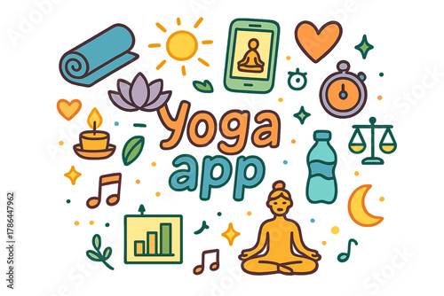 Yoga App Doodle. Yoga app. Hand-drawn doodle illustration of yoga app. Yoga mat, lotus flower, phone, heart,