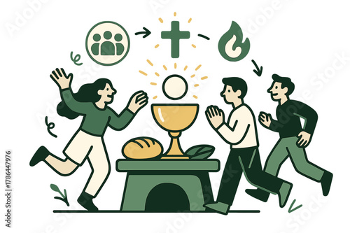 Glowing Eucharist Elements. Eucharist and communion. Glowing chalice and bread on an abstract altar, floating