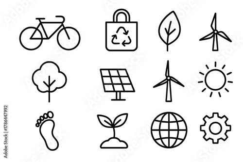 Sustainable Icons Set. Sustainable lifestyle. Line outline icon set of sustainable lifestyle: bicycle,