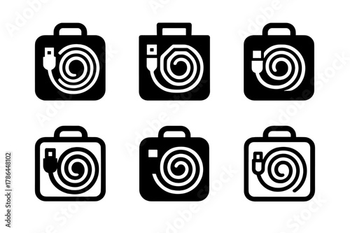 Travel Cable Kit Logos. Travel cable kit. Set Logo of Travel cable kit: zip pouch with neatly wound leads. harmonious logo variations of the same emblematic