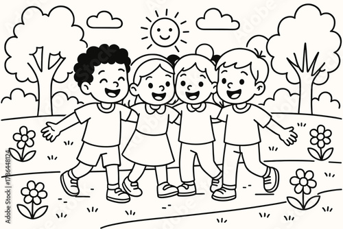 Park Friends Reunion. Park reunion children?s coloring book illustration, outlined drawing, cheerful friends
