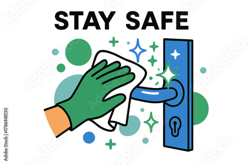 Cleaning Door Handle. Wiping down door handles. A hand wearing a glove cleans a shiny door handle with a