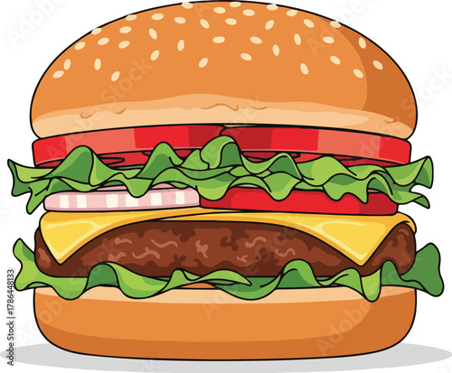 Classic Cheeseburger Illustration with Lettuce Tomato and Onion on Sesame Seed Bun