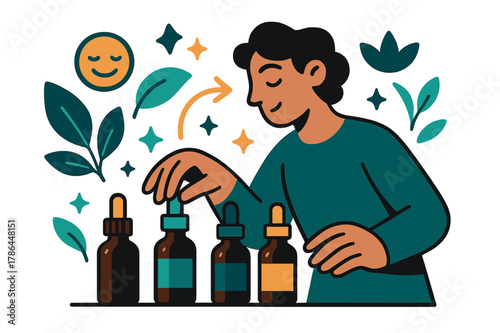 Mindful Aromatherapy Selection. Aromatherapy oils. Person selecting essential oils from collection with abstract floating icons, leaves, and sparkles; conveys