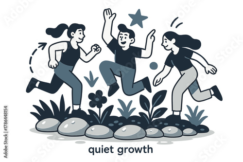 Quiet Growth. Pebble ? Garden Corner. Pebbles line a flower bed with soft shadows; droplets glint after rain. Label ?quiet growth? in small script nearby.