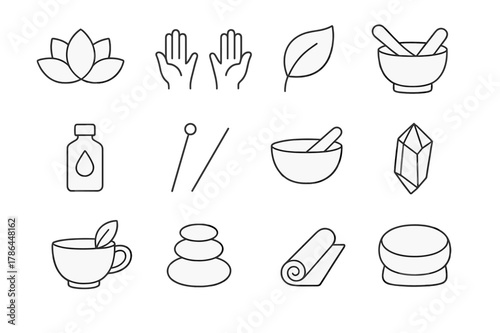Alternative Therapy Icons. Alternative therapy. Line icon set of alternative therapy: lotus, caring hands, leaf, mortar and pestle, essential oil bottle,