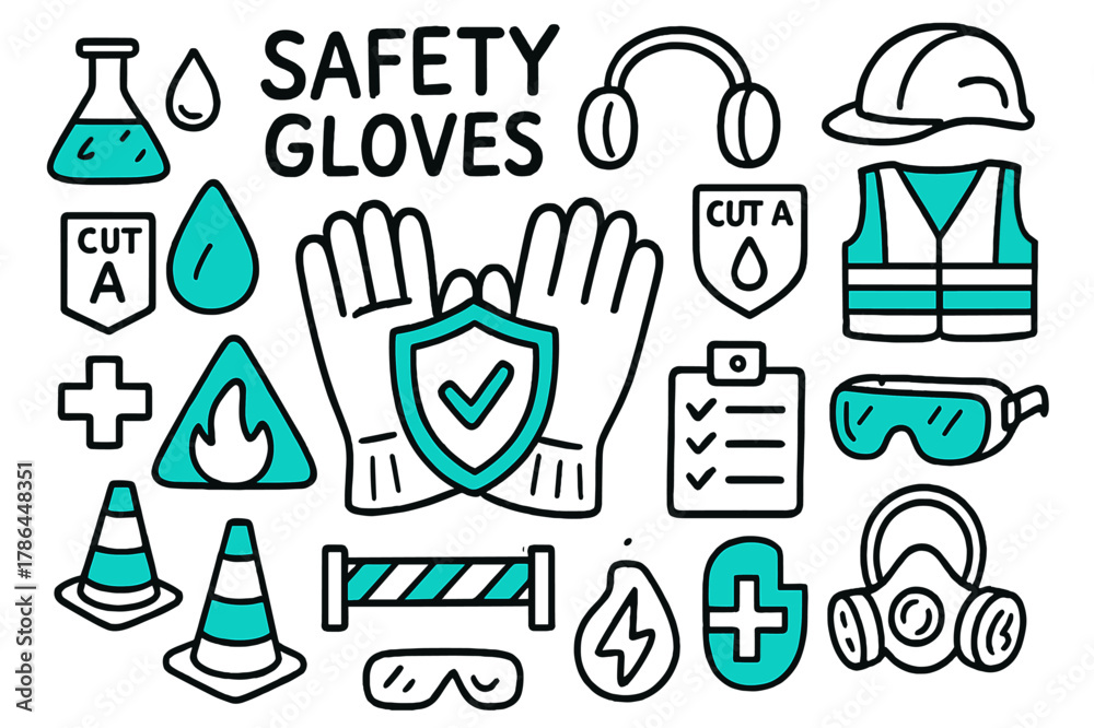 Fototapeta premium Safety Gear Doodle. // Safety gloves. Hand-drawn doodle illustration safety gloves [glove pair with shield (accented), PPE helmet, ear protection,