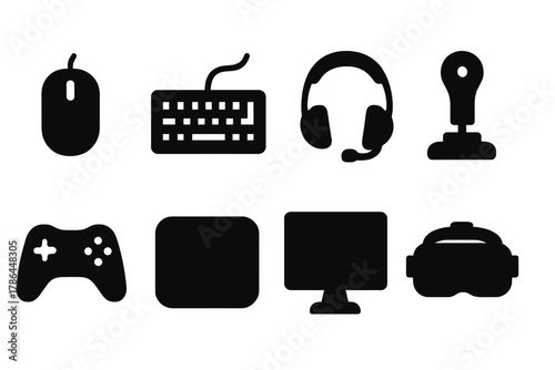 Gaming Gear Icons. Gaming peripherals. Filled icon set of Gaming peripherals: mouse, keyboard, headset,
