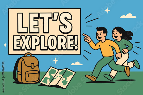 Discover Adventure Banner. Let's discover banner, flat vector illustration, bold oversized text inside rectangular frame, cartoon characters running and