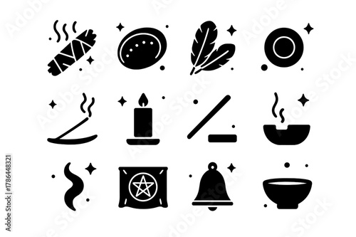 Sage Ritual Icon Set. Sage smudging and rituals. Solid icons set of Sage smudging and rituals: smudge stick, abalone shell, feather fan, charcoal disk, incense