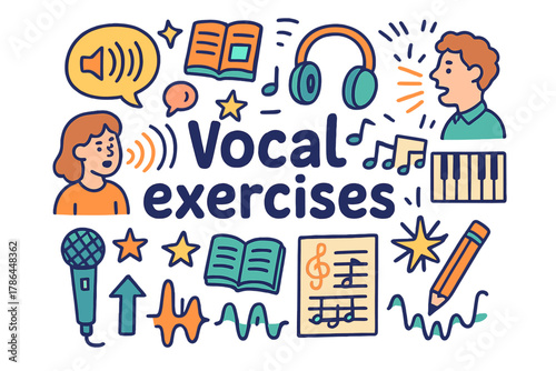 Vocal Exercise Doodles. Vocal exercises. Hand-drawn doodle illustration of vocal exercises. Voice waves,