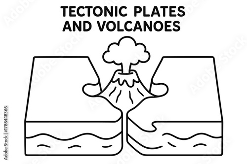 Tectonic Plates Coloring Page. Tectonic plates and volcanoes children?s coloring book illustration, outlined drawing, two simple puzzle-piece plates meeting