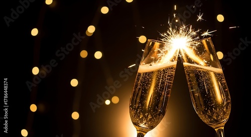Two champagne glasses toasting with sparklers on a dark bokeh background
