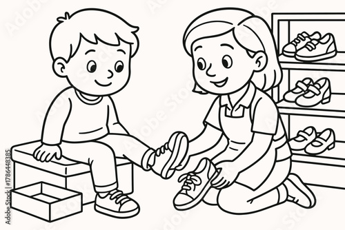Shoe Fitting Illustration. Shoe fitting children?s coloring book illustration, outlined drawing, child trying