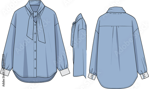 Women's blouse, fashion sketch, technical illustration, bow tie collar, button-down shirt, garment design, apparel template, sewing reference, stylish top, clothing blueprint