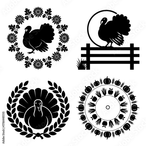Fall Leaves Cornucopia Harvest Icons Black and White