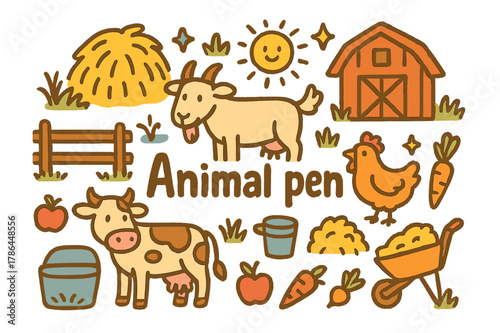 Animal Pen Doodle. Animal pen. Hand-drawn doodle illustration of animal pen. Cow, goat, chicken, fence, barn,