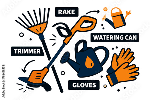 Garden Tool Essentials. Yard tools and equipment. Rake, trimmer, watering can, and gloves displayed in a clean