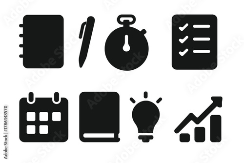 Self-Improvement Tools Icons. Self-improvement tools. Filled icon set of self-improvement tools: notebook, pen