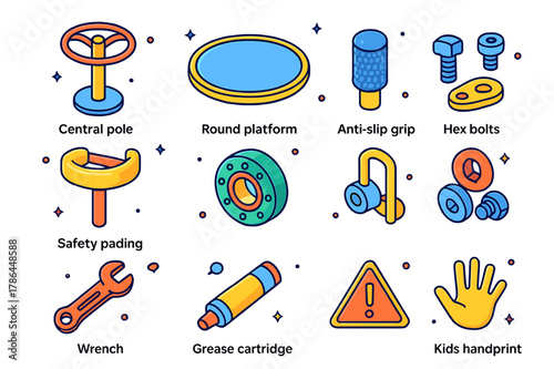Merry-Go-Round Icon Set. merry-go-round handle. Colorful isometric vector icons set of merry-go-round handle: central pole handle, round platform, mounting