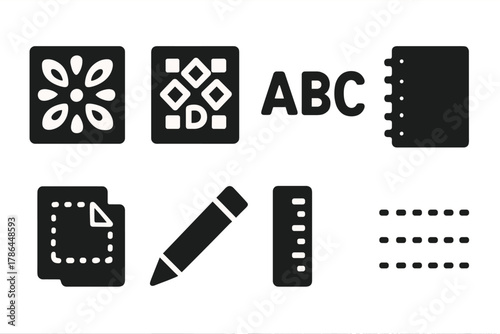 Design Pattern Icons. Design patterns. Filled icon set of design patterns: floral template, geometric motif,