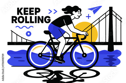 Cyclist on Bridge. Cyclist on a bridge. Wheels carve twin halos as the sun sits low behind cables; ?Keep rolling? floats on the breeze. Water below mirrors the