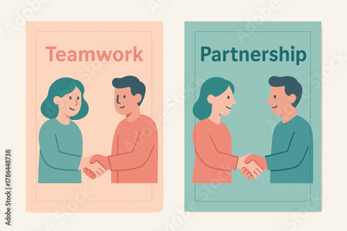 Teamwork and Partnership Banners. Coworker. Two vertical A6 banners with safe margins, centered composition, no elements touching edges, pastel, coral and