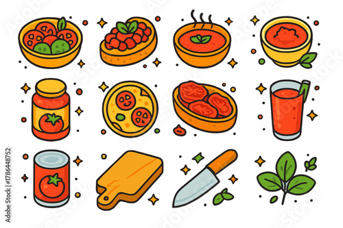 Tomato Creations Icons. Tomato-based kitchen creations. Colorful isometric vector icons set of Tomato-based kitchen creations: fresh tomato salad, bruschetta,