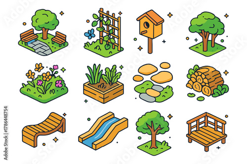 Biophilic Urban Icons. Biophilic urban design. Colorful isometric vector icons set of Biophilic urban design: pocket park, climbing plants trellis, bird nest