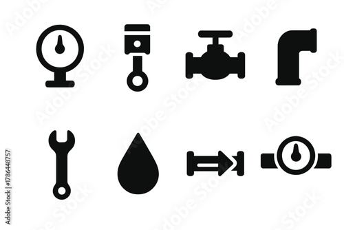 Hydraulic System Icons. Hydraulic systems. Filled icon set of hydraulic systems: gauge, piston, valve, pipe,