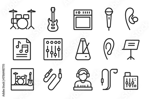 Band Rehearsal Icons. Band Rehearsal. Line icon set of Band Rehearsal: drum kit, electric guitar, amplifier, microphone, music sheet, sound mixer, metronome,