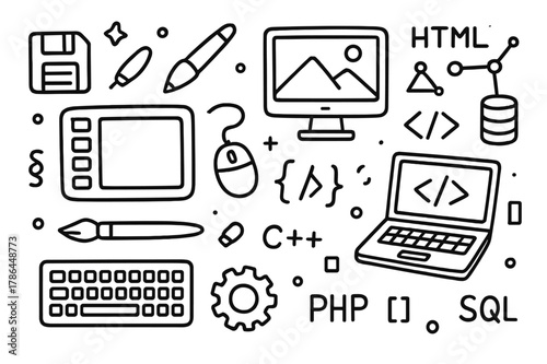 Digital Art Essentials. Hand-drawn doodle illustration, Digital art tools Hand-drawn doodle illustration Digital art tools graphic tablets, styluses, digital