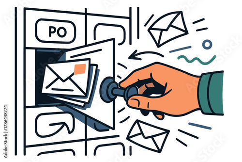 Dynamic Mail Retrieval. Mailbox access. Hand turning the knob of a PO box door; motion lines and floating