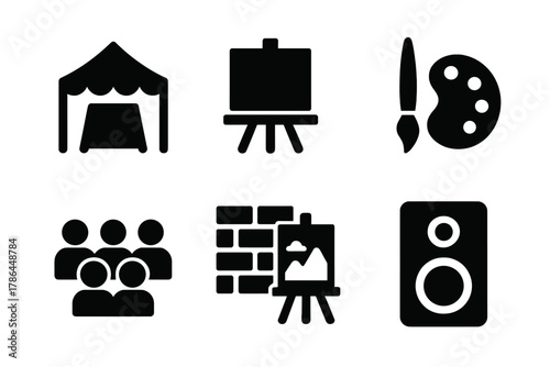 Outdoor Art Icon Set. Outdoor art event. Filled icon set of outdoor art event: tent, canvas, easel, paintbrush