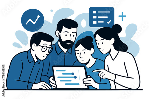 Futuristic Team Collaboration. Project Discussion. A team huddles around a digital tablet displaying timelines