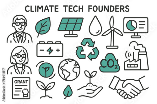 Eco-Startup Doodle Icons. // Climate tech founders. Hand-drawn doodle illustration Climate tech founders [leaf badge (accented), solar panel (accented), wind