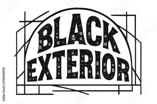 Black Silhouette Lettering. Decorative Display Lettering ? "Black Exterior" with silhouette letters containing tiny house fronts, windows, doors, and roof
