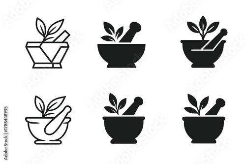Herbal Foraging Logos. Herbal foraging. Set Logo of Herbal foraging: mortar and pestle with sprig. harmonious logo variations of the same emblematic concept,