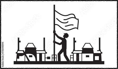 Industrial worker hoisting a flag amidst factory buildings black and white vector