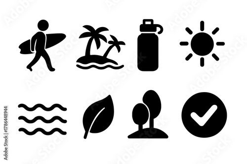 Eco Lifestyle Icons. Eco lifestyle. Filled icon set of eco lifestyle: surfer silhouette, beach with trees,