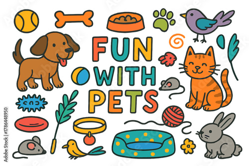 Playful Pet Doodles. fun with pets. Colorful Hand-drawn doodle Children illustration fun with pets dog, cat, ball, chew toy, yarn, mouse toy, frisbee, bone,