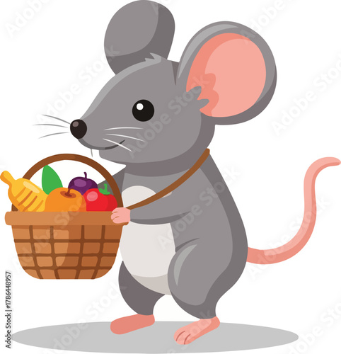 Cute Cartoon Mouse Holding a Basket Full of Fresh Fruits for Healthy Eating Illustration