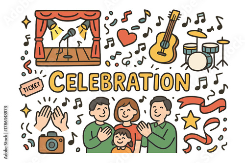 Celebration Night Doodles. Celebratory night. Hand-drawn doodle illustration of celebratory night. Stage,