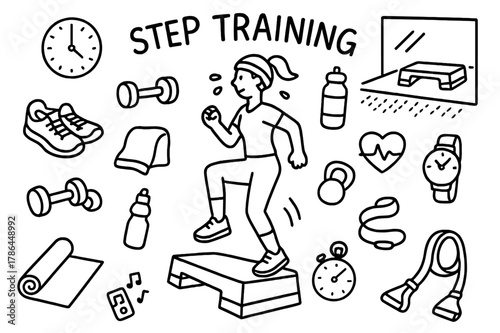Step Training Doodle. Step Training. Hand-drawn doodle illustration Step Training aerobic step, person exercising, dumbbells, sneakers, towel, water bottle,