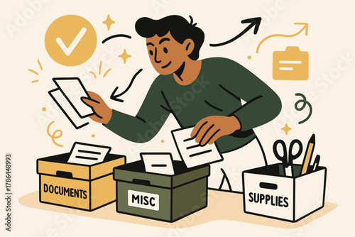 Efficient Office Organization. Home office decluttering. Person sorting documents and stationary into labeled