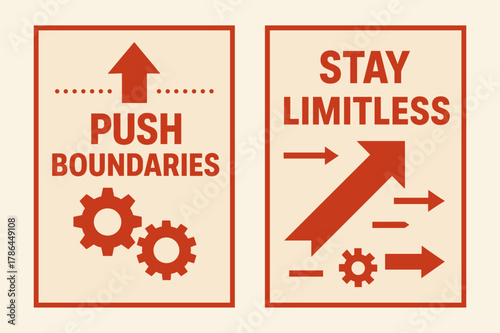 Dynamic Vector Banners. Push boundaries. Two vertical A6 banners with safe margins, centered composition, no elements touching edges, flat vector design, red