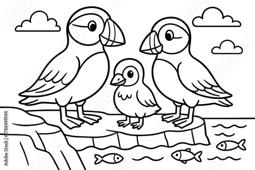 Puffin Family Coloring Page. Puffin family children?s coloring book illustration, outlined drawing, two parent puffins and a chick standing on a rocky cliff