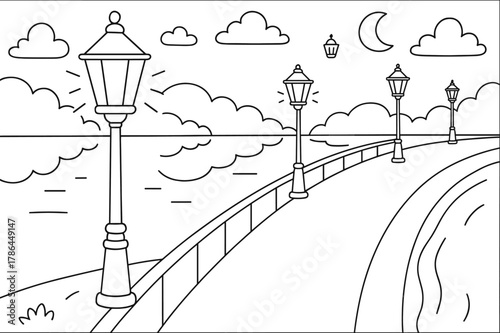 Evening River Walk. Evening lights on the embankment children?s coloring book illustration, outlined drawing, glowing streetlamps along a calm river path with